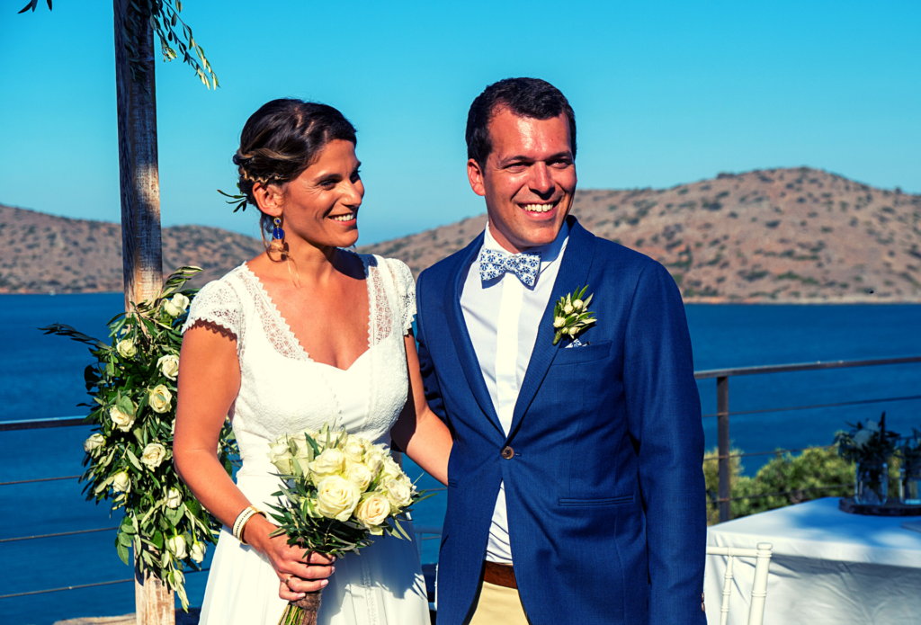 Bride and Groom after ceremony at villa wedding in Elounda, Crete